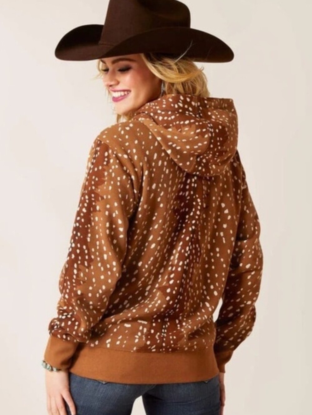 Ariat Brown Deer Patterned Logo Hoodie Kangaroo Pocket Western Wear Rider Medium - Picture 2 of 8